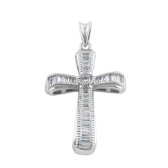 Sterling Silver Modern Cross Round and Rectangular Cut Clear CZ Necklace Pendant - Picture 2 of 4